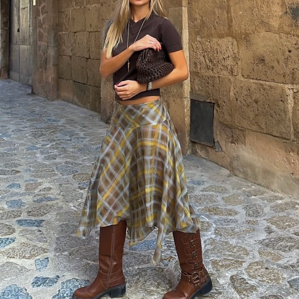 ZARA PLAID MIDI SKIRT XS
